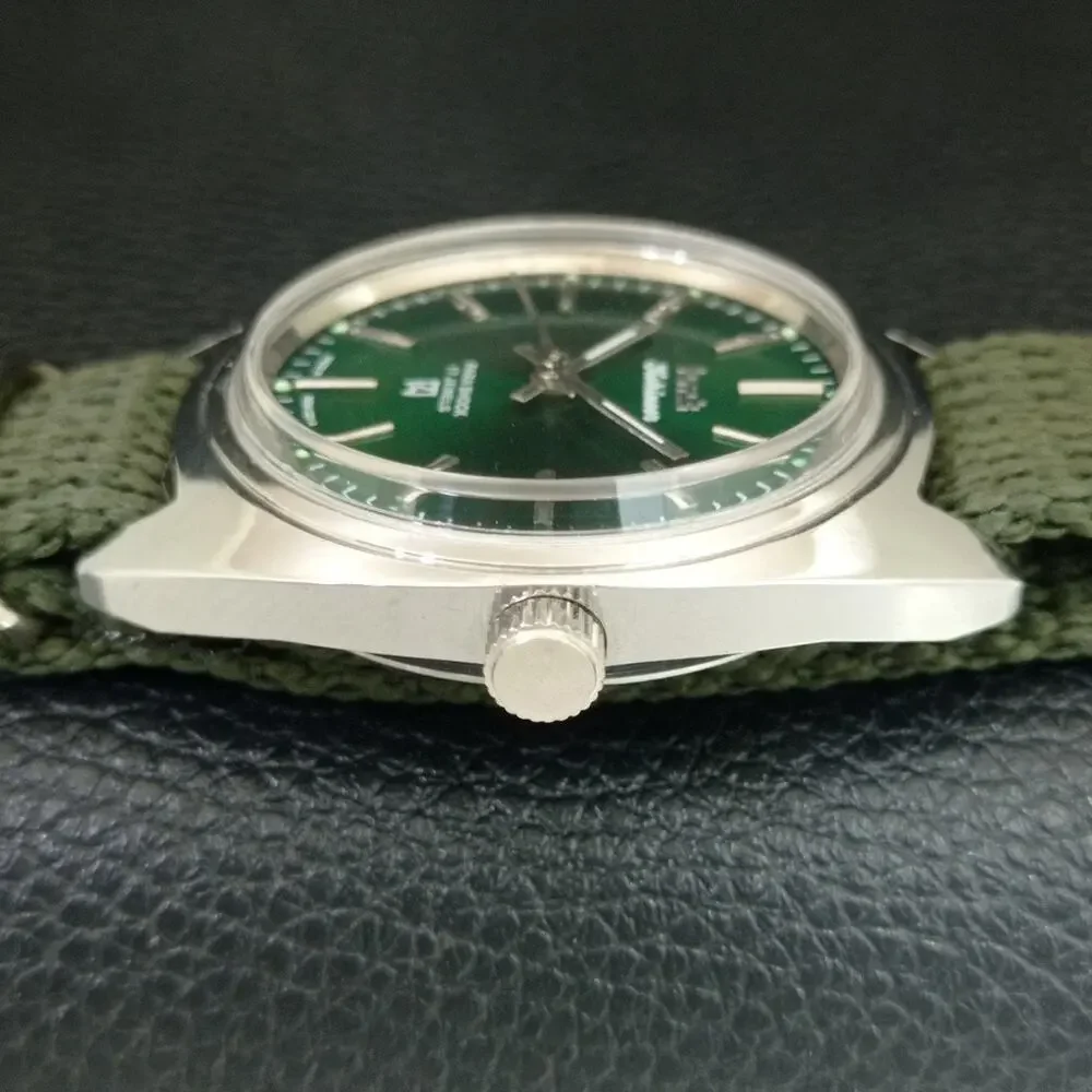 Vintage 1977 HMT Manual Wound Mens Silver Watch & Green accents